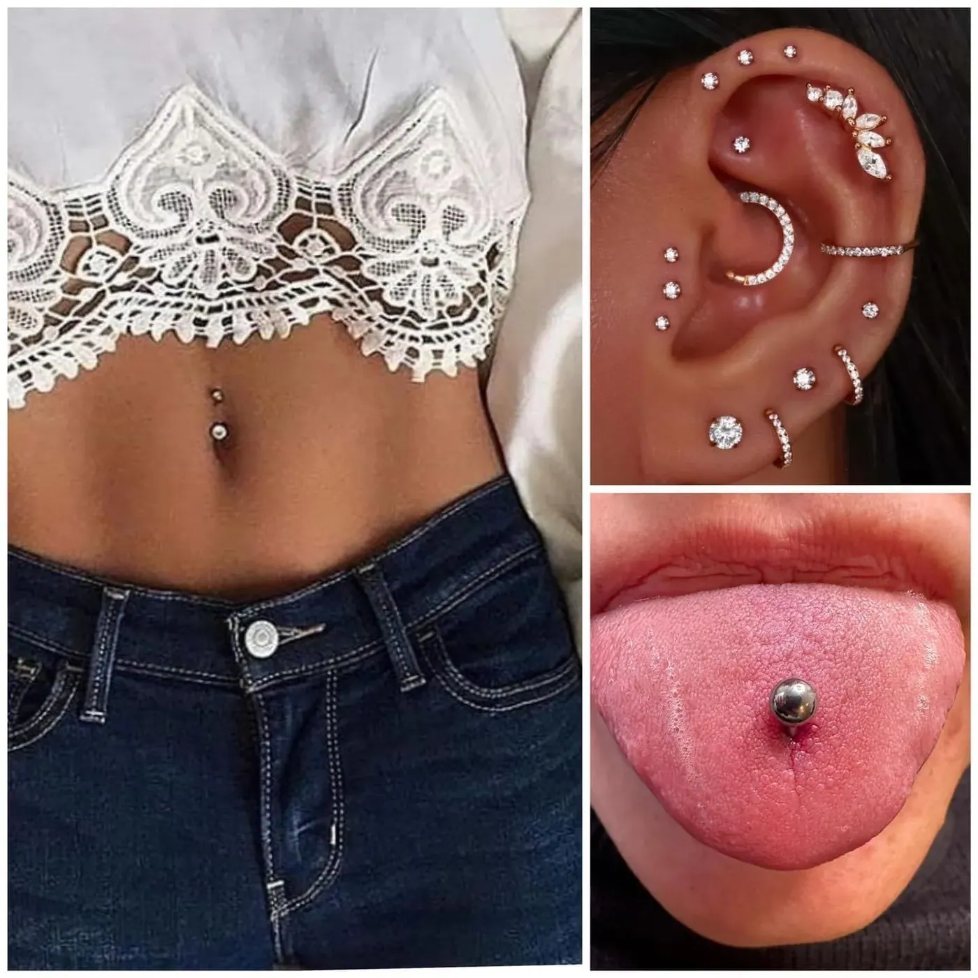 Eksempler på piercinger i navle, øre og tunge